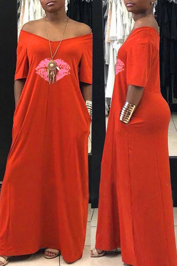 

Lovely Casual V Neck Lips Printed Red Ankle Length Dress
