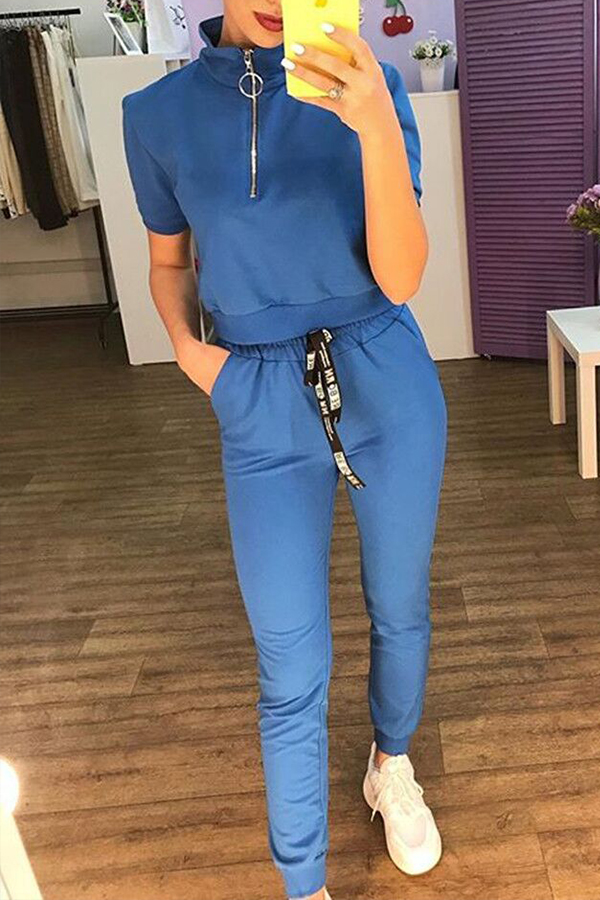 

Lovely Casual V Neck Zipper Design Royal Blue Two-piece Pants Set