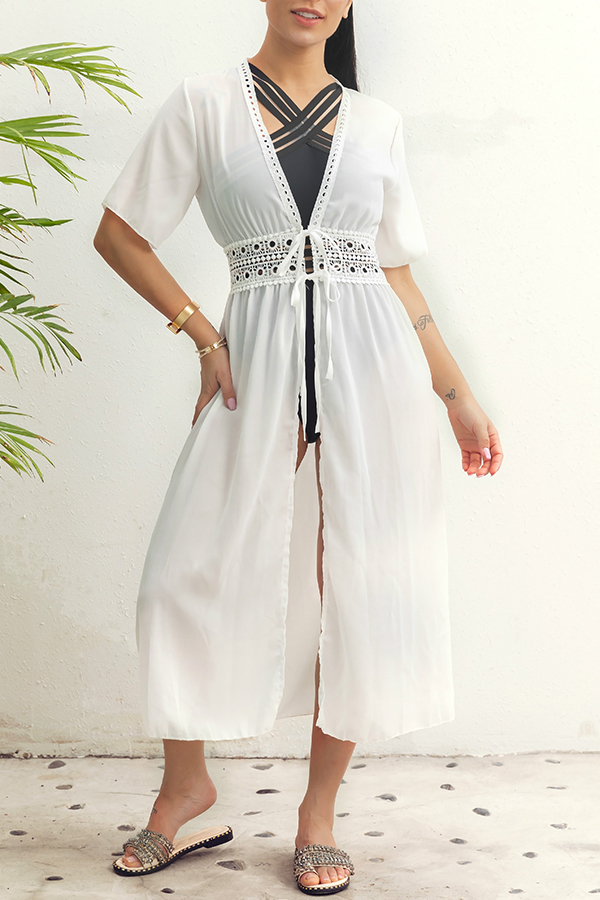 

Lovely Stylish V Neck Hollow-out White Cover-up