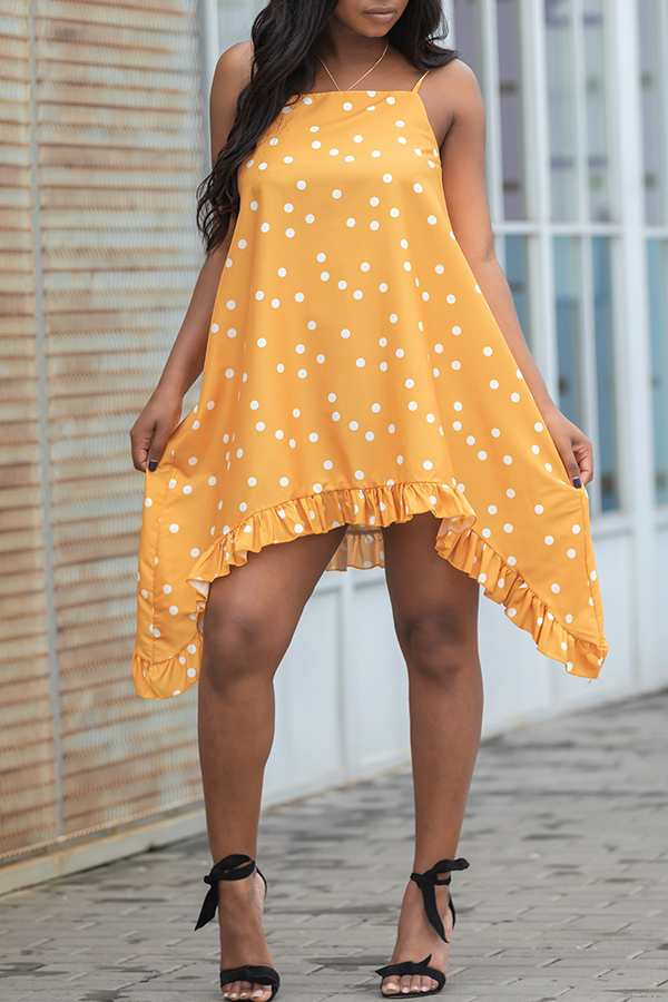 

Lovely Stylish Dots Printed Asymmetrical Yellow Mini Dress