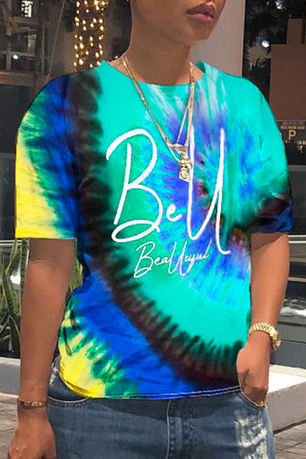 

Lovely Leisure O Neck Letter Printed Blue T-shirt