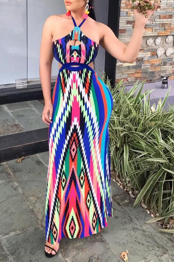 

Lovely Bohemian Halter Neck Geometry Printed Floor Length Dress