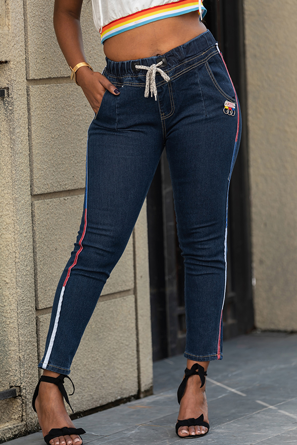 

Lovely Casual Striped Patchwork Blue Jeans