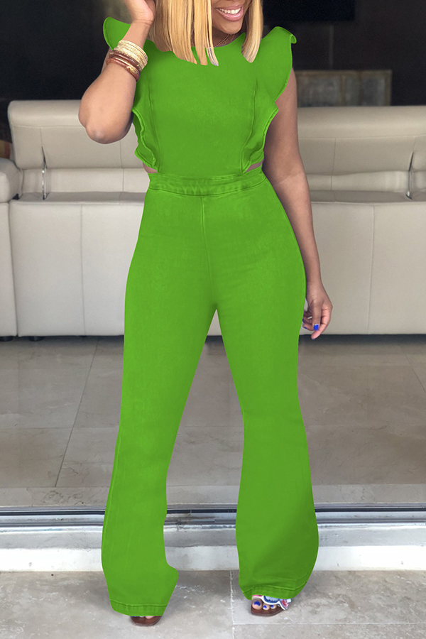 

Lovely Trendy Ruffle Design Green Denim One-piece Jumpsuit