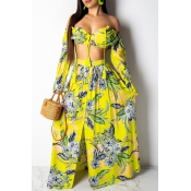 Lovely Bohemian Floral Printed Yellow Two-piece Sk