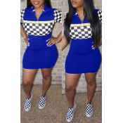 Lovely Casual Printed Patchwork Blue Mini Dress(Wi