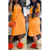 Lovely Casual Loose Straight Orange Knee Length Dr