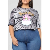 Lovely Plus-size Casual Short Sleeves Printed Grey