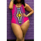 Lovely Plus-size Printed Rose Red One-piece Swimwe