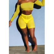 Lovely Trendy Dew Shoulder Yellow Two-piece Shorts
