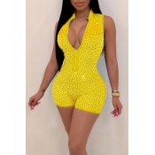 Lovely Chic Rhinestone Decoration Yellow One-piece