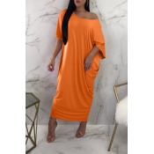 Lovely One Shoulder Orange Ankle Length Dress(With