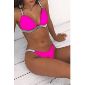 Lovely Rose Red Patchwork Two-piece Swimwear