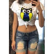 Lovely Casual Owl Printed White T-shirt