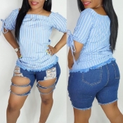 Lovely Casual Raw Edge Blue Blouses