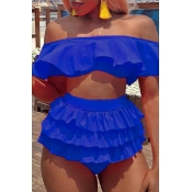Lovely Sexy Cascading Ruffle Blue Two-piece Swimwe