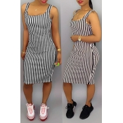 Lovely Casual Striped Black Knee Length Dress(With