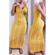 Lovely Casual Sleeveless Striped Yellow Ankle Leng