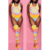 Lovely U Neck Tie-dye Yellow One-piece Swimwear(Wi