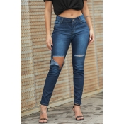 Lovely Casual Mid Waist Broken Holes Deep Blue Jea