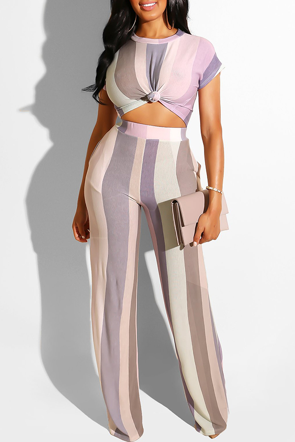 Lovely Stylish Striped Light Purple Two-piece Pants Set