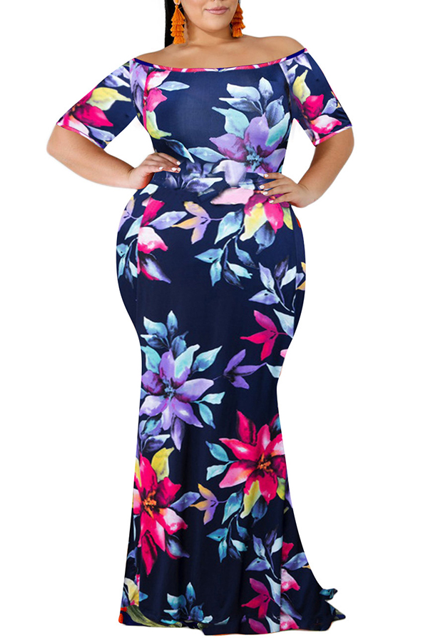 

Lovely Bohemian Off The Shoulder Floral Printed Blue Floor Length Dress