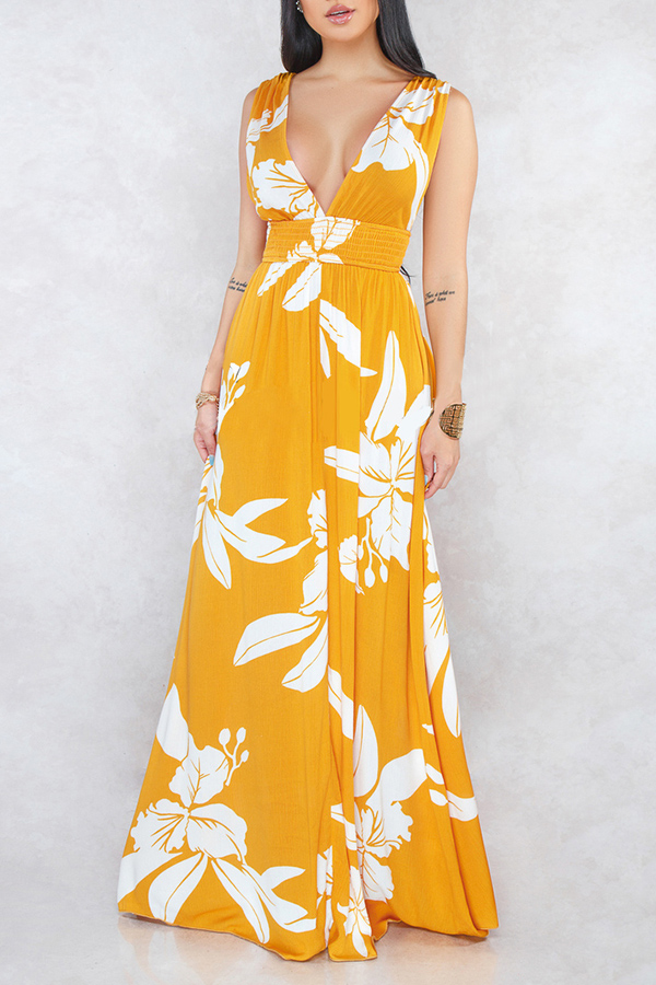 

Lovely Stylish V Neck Printed Yellow Floor Length Dress