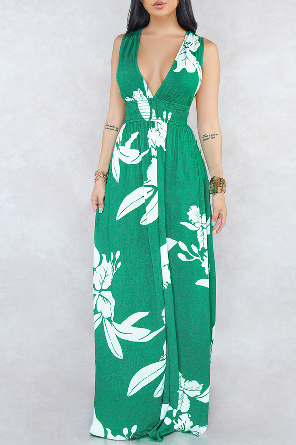 

Lovely Stylish V Neck Printed Green Floor Length Dress