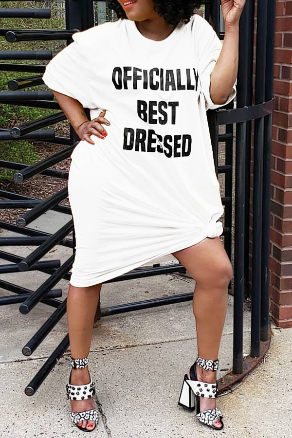

Lovely Casual Letter Printed White Mid Calf A Line Dress