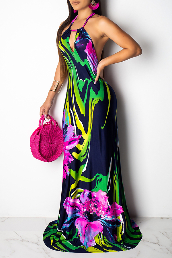 

Lovely Sexy Halter Neck Printed Purple Floor Length Dress