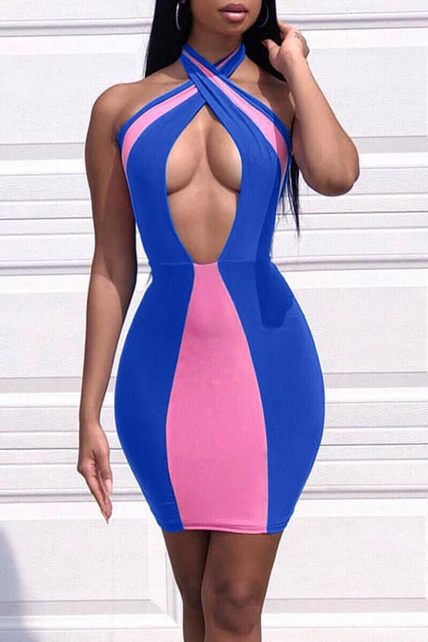 

Lovely Sexy Halter Neck Striped Blue Mini Dress