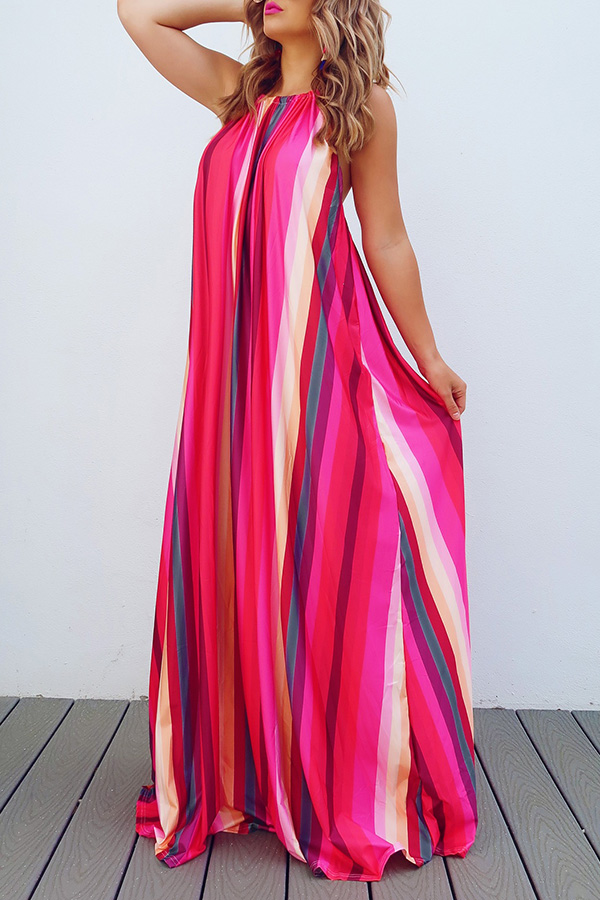 

Lovely Casual Striped Rose Red Floor Length Dress