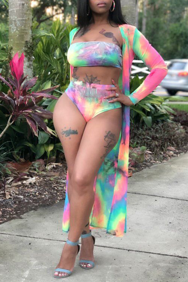 

Lovely Off The Shoulder Printed Light Pink Three-piece Swimwear