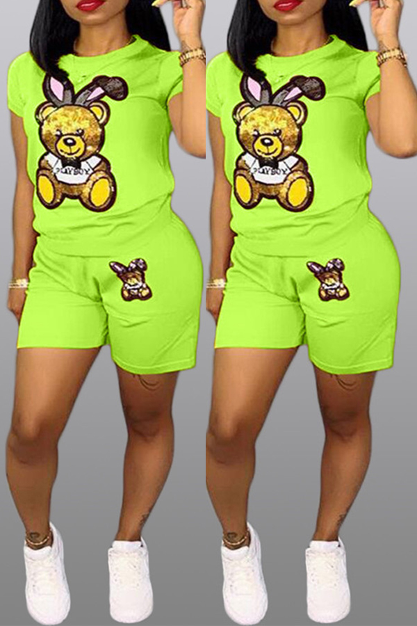

Lovely Casual Printed Green Two-piece Shorts Set
