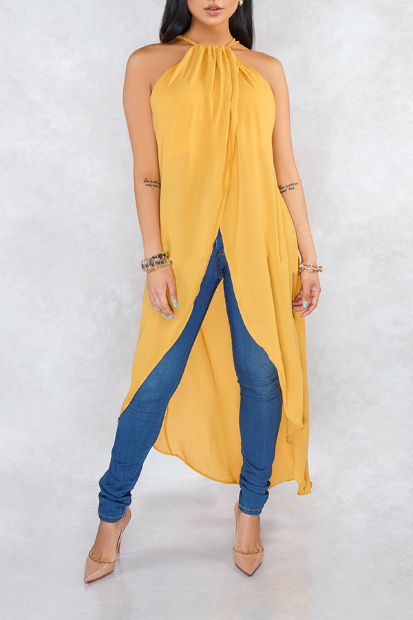 

Lovely Stylish Halter Neck Asymmetrical Yellow Blouse