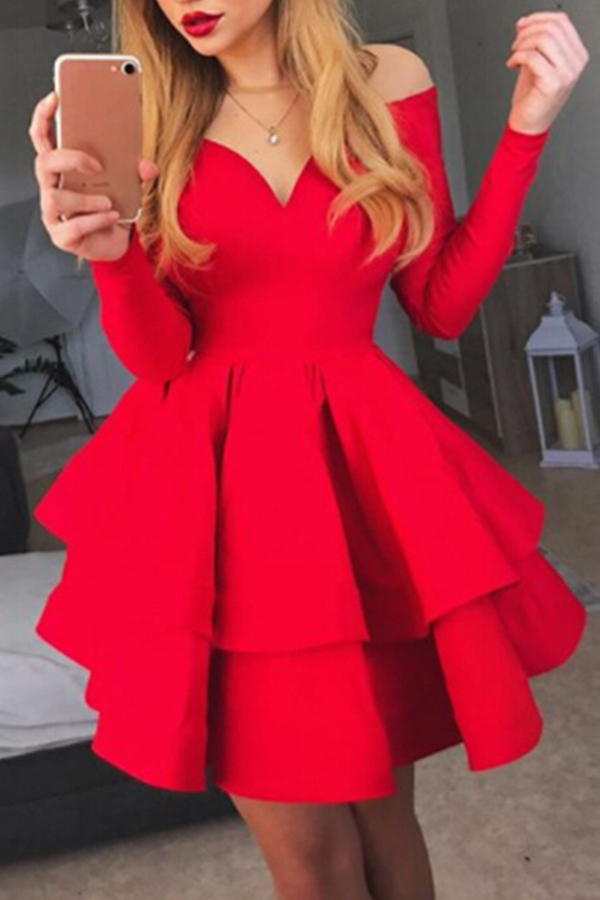 

Lovely Sweet V Neck Ruffle Design Red Knee Length A Line Dress