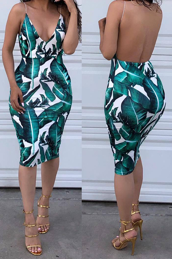 

Lovely Sexy V Neck Printed Backless Green Knee Length Dress