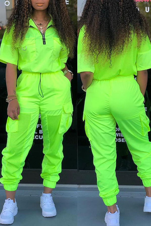 

Lovely Stylish V Neck Zipper Design Green Two-piece Pants Set