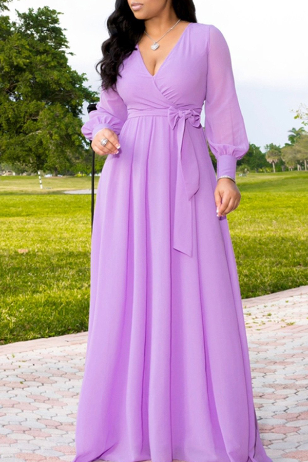

Lovely Sweet V Neck Lace-up Purple Floor Length Dress