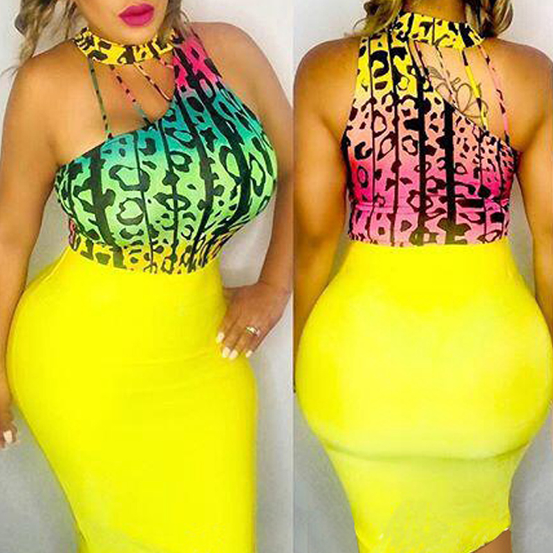 

Lovely Sexy Halter Neck Printed Patchwork Yellow Knee Length Dress
