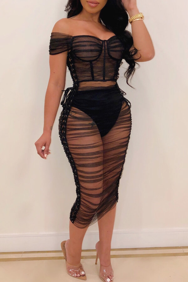 

Lovely Sexy See-through Black Gauze Ankle Length A Line Dress