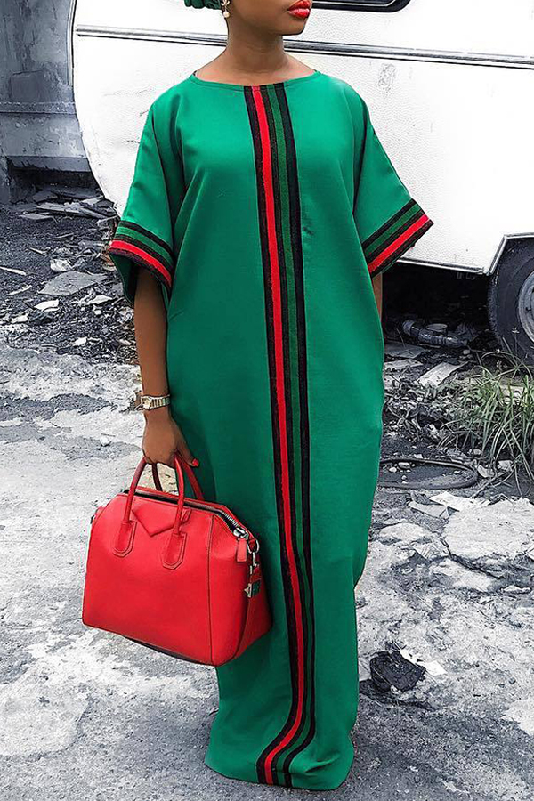 Lovely Casual O Neck Striped Patchwork Green Floor Length Dress