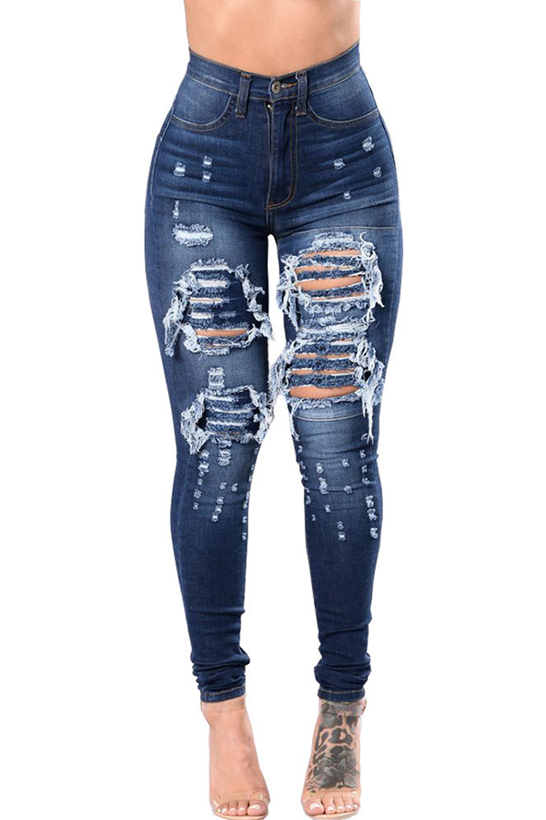 Lovely Stylish High Waist Broken Holes Deep Blue Jeans