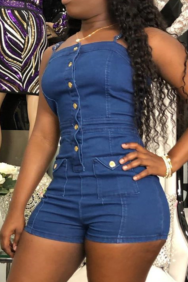 Lovely Casual Spaghetti Straps Buttons Design Blue Denim One-piece Romper