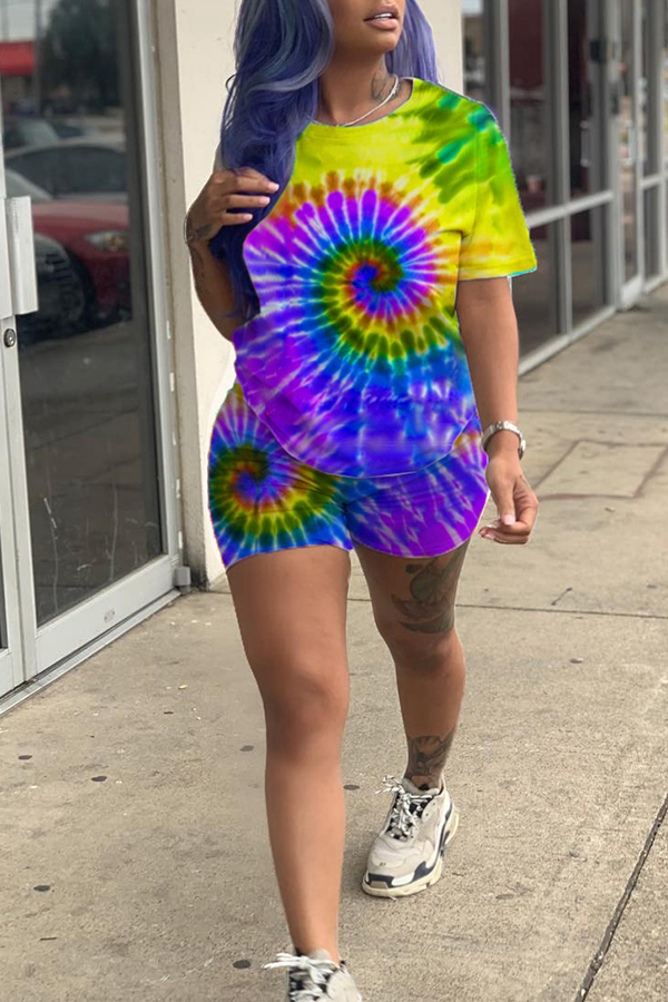 

Lovely Casual O Neck Printed Yellow Two-piece Shorts Set