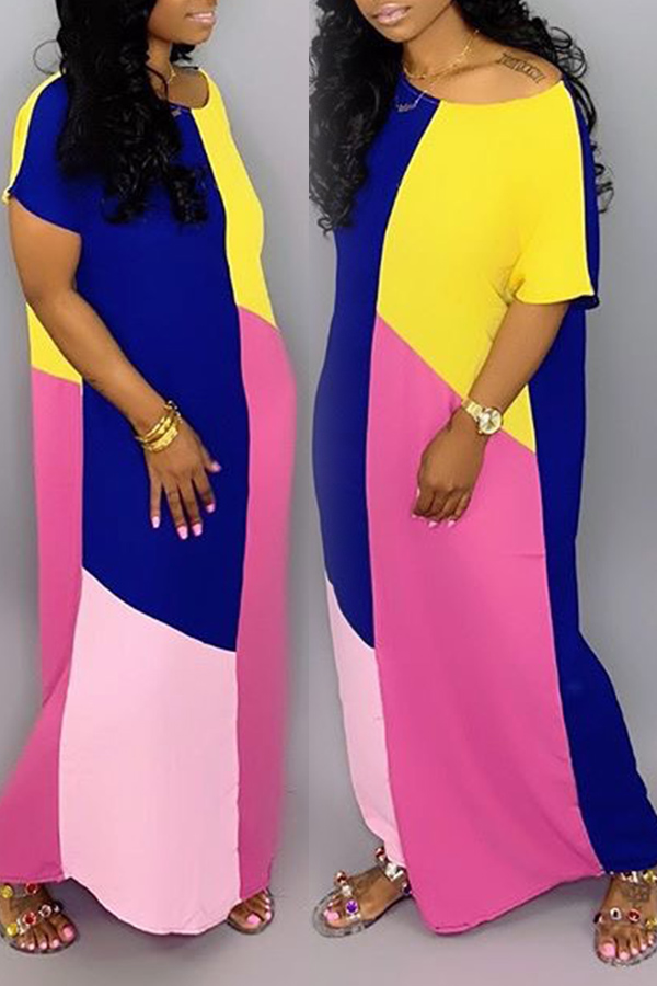 

Lovely Casual O Neck Patchwork Multicolor Ankle Length Dress, Multi