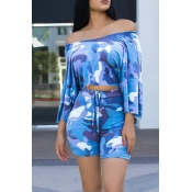 Lovely Casual Camouflage Printed Blue Two-piece Sh