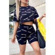 Lovely Casual Letter Printed Deep Blue Two-piece S