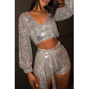 Lovely Casual Sequins Decoration Silver Two-piece 