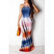 Lovely Sweet Printed Hollow-out Blue Floor Length 